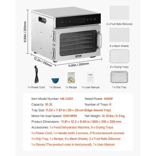 VEVOR Dörrgerät Dörrautomat 6 Edelstahlschalen, elektrischer 400 W Futtertrockner mit einstellbarer Temperatur, Gefriertrockner für Trockenfleisch Fleisch Obst Gemüse Kräuter Hundeleckerlis – Bild 6