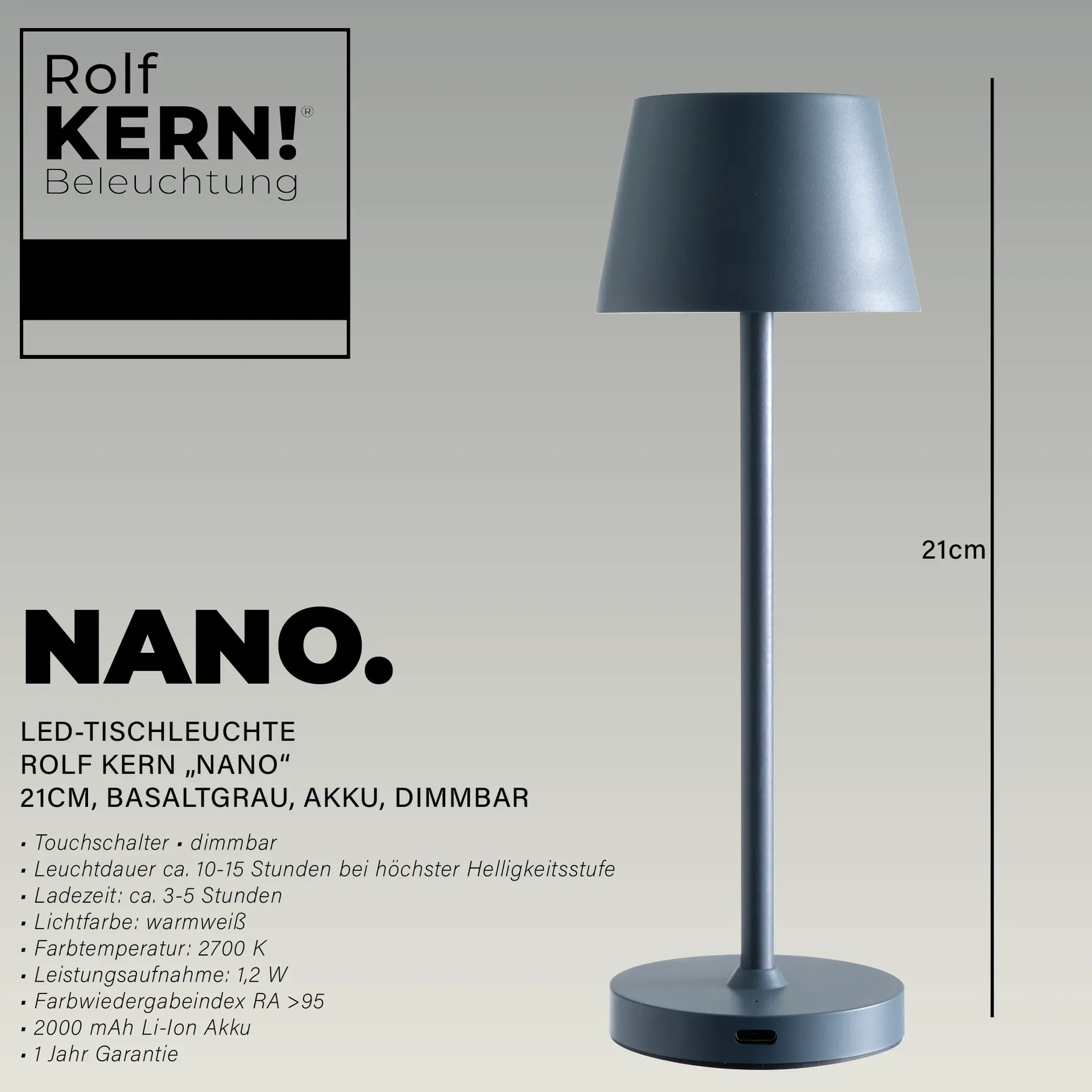 LED-Tischleuchte ROLF KERN Club Nano 21cm, Basaltgrau, Akku, dimmbar – Bild 2
