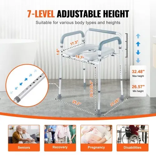 VEVOR Toilettenstuhl Nachtstuhl mit Gepolsterter Sitzfläche & Armlehnen, 7-stufig höhenverstellbar, 5,8 L Abnehmbarer Eimer, Einfach zu Montieren, 158 kg Fassungsvermögen, Erhöhter Toilettensitz – Bild 3