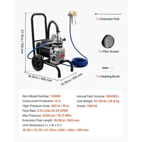 VEVOR Membran-Airless-Farbspritzgerät 1100 W, Rollbares Farbspritzgerät mit 15,17 MPa Hochdruck, 10 m Hochdruckschlauch, Reinigungsnadel und Bürste, für DIY-Sprüharbeiten im Innen- und Außenbereich – Bild 6