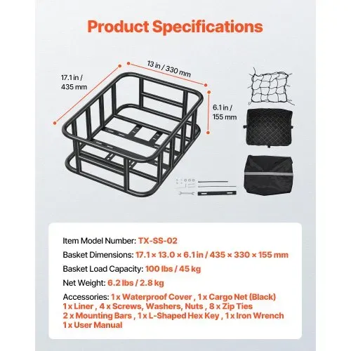 VEVOR Fahrradkorb hinten 435x330x155 mm, Hinterradkorb mit Gepäcknetz & Abdeckung, Gepäckträger zum Transport von Hunden, Haustieren, Obst & Lebensmitteln, Montagewerkzeug im Lieferumfang enthalten – Bild 6