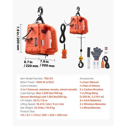 VEVOR Seilwinde Elektrisch 700 kg, 3-in-1 Hebezug 1500 W, Seilhebezug 7,6 m Hubhöhe, Seilzug 5 m/min, mit manueller, kabelgebundener & kabelloser Fernbedienung für Fabrik, Lager & Garage – Bild 6
