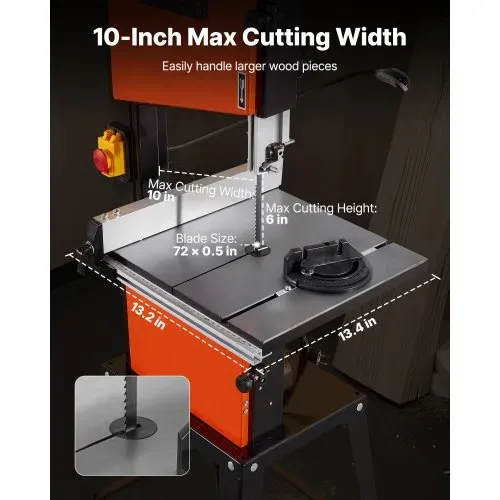 VEVOR Bandsäge mit Untergestell, 254 mm, Zweigang-Holzbandsäge, 373 W (1/2 PS), max. Schnitthöhe 160 mm, 335x340 mm Gusseisentisch, mit 360°-Arbeitsleuchte, Gehrungsanschlag, Parallelanschlag – Bild 3