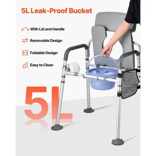 VEVOR Nachttoilettenstuhl 227 kg belastbar, Toilettensitzerhöhung mit gepolsterter Sitzfläche & Rückenlehne, abnehmbarer 5 L Eimer, Toilettenstuhl (Höhe und Breite einstellbar) für Erwachsene – Bild 5