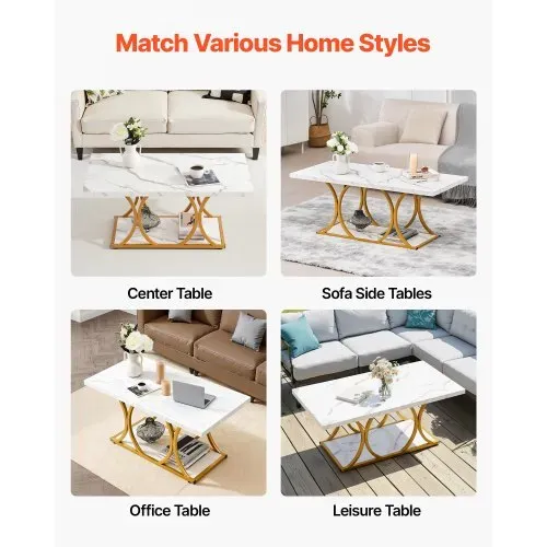 VEVOR Couchtisch Beistelltisch in Marmoroptik, 2-stöckiger rechteckiger Sofatisch mit Metallgestell & geometrischen Beinen & 95 kg Tragkraft, minimalistischer Wohnzimmertisch Weiß 120 x 59,5 x 48 cm – Bild 6