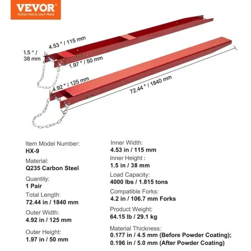 VEVOR 2er-Set Gabelverlängerungen 1840 mm Zinkenverlängerung 1,815 Tonnen Tragfähigkeit Gabelzinken Q235 Kohlenstoffstahl einteiliges Design Palettengabelverlängerung Kompatibel mit 106 mm Gabeln – Bild 6