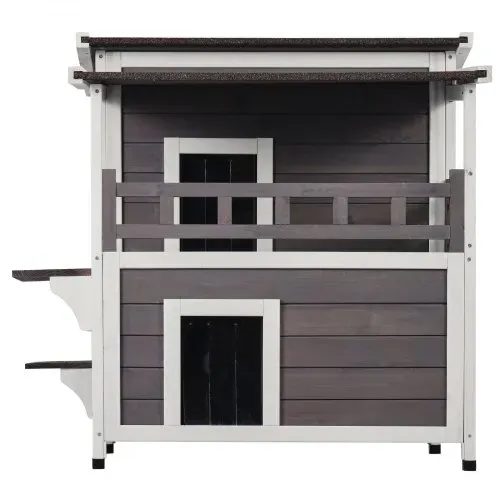 VEVOR Katzenhaus für draußen, wetterfest, Unterschlupf für Wildkatzen für mehrere Katzen, großes 2-stöckiges Katzenhaus aus Holz für draußen mit Balkon, Türen, PVC-Türklappen und offenem Dach, 76,2 cm L x 76,2 cm B x 81,3 cm H – Bild 8