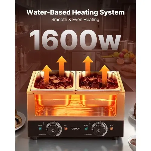 VEVOR Schokoladenschmelzmaschine 2 Abnehmbare Behälter Edelstahl 800+800 W, für Bäckereien, Restaurants, Separate Temperaturregelung je Behälter, 30–85 °C Trockenlaufschutz, Schokoladentempiermaschine – Bild 2