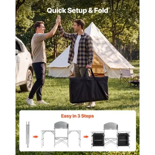 VEVOR Klappbare Campingküche, Campingschrank mit 2 MDF-Beistelltischen, Abnehmbarem Windschutz für den Kocher, 2 Stauräumen & X-förmigen Beinen, Camping-Küchenstation für Picknick, Grillen & Reisen – Bild 3