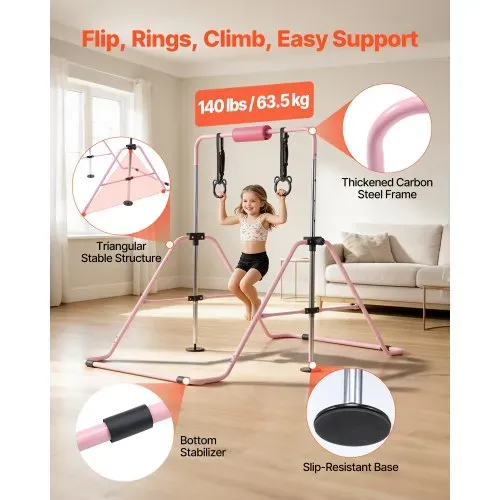 VEVOR Gymnastikstange für Kinder mit 63,5 kg Tragkraft, Klappbares Turnreck mit Turnringen, Höhenverstellbare Turnstange für Indoor- und Outdoor-Training, Heimtrainingsgerät für Kinderturnen, Pink – Bild 2