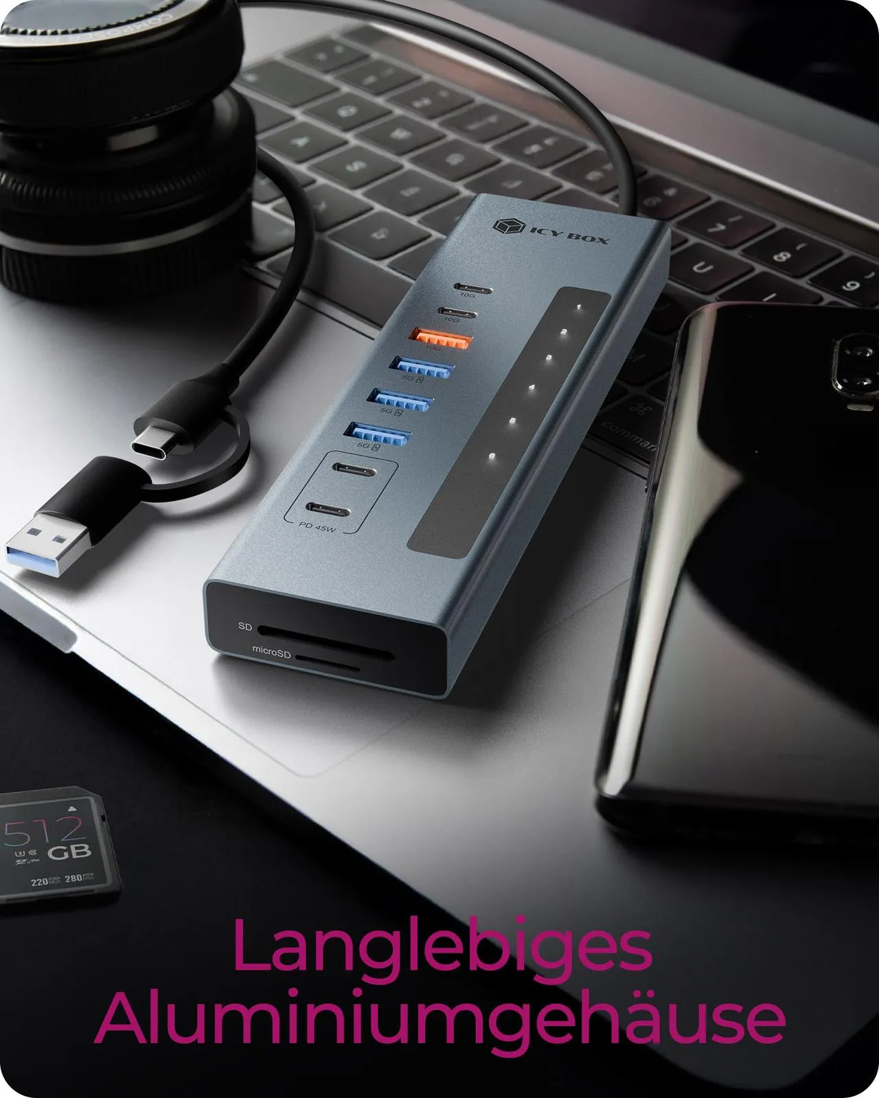 ICY BOX IB-HUB1742CR-C2PD, 11-in-1 HUB mit PD Ports und Cardreader, USB 3.2 Gen 2 10 Gbit/s – Bild 4