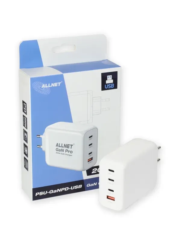 ALLNET Ersatznetzteil QC USB-C PD GaN Netzteil Power Supply 200 Watt 1x USB Typ-A QC, 3x USB Typ-C**EU PLUG** ALLNET Ersatznetzteil QC USB-C PD GaN Netzteil Power Supply 200 Watt 1x USB Typ-A QC, 3x USB Typ-C**EU PLUG**