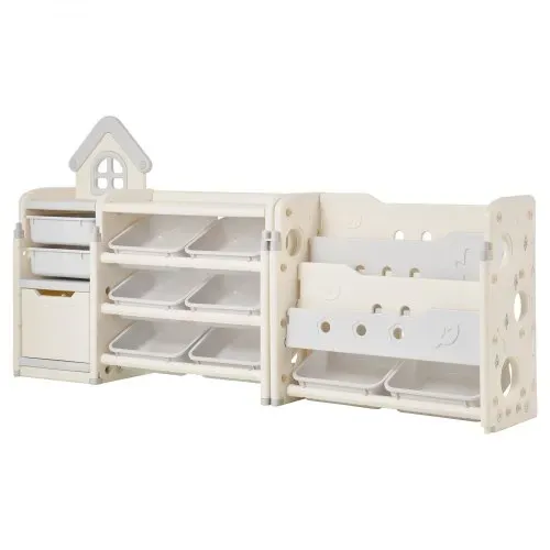 VEVOR Spielzeugaufbewahrung Bücherregal Spielzeugregal HDPE, 4-stöckige multifunktionale Ablage mit 10 flexiblen Kunststoffbehältern, für Schlafzimmer Klassenzimmer Kinderzimmer (Grau + Beige) – Bild 8