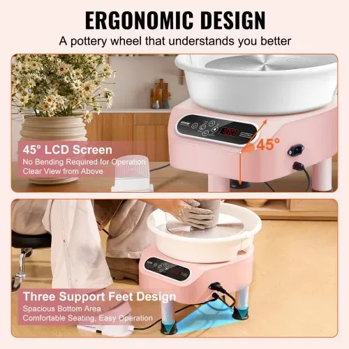 VEVOR Töpferscheibe, 25 cm Töpferformmaschine, 350 W elektrische Töpferscheibe mit Pedal & LCD-Touchscreen, Direktantrieb-Keramikscheibe mit 3 Stützbeinen für DIY-Kunsthandwerk, Rosa – Bild 5