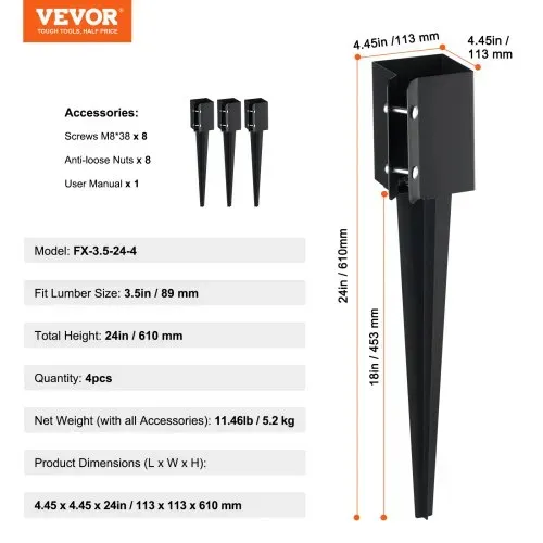 VEVOR Erdspieß für Zaunpfosten, 4er-Pack, 113 x 113 x 610 mm Außendurchmesser (Innendurchmesser 8,9 x 8,9 cm), Metall, schwarz pulverbeschichtet, Erdspieß für Briefkästen, Terrassen, Gartengeländer – Bild 6