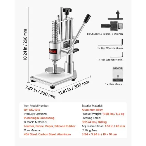 VEVOR Lederdruckmaschine Manuell 10x10cm Lochmaschine Leder Locher Werkzeug, Schneiden von Leder Stoff Papier Silikonkautschuk, 160 kg Druck, 4 cm Hub, Gehäuse aus Aluminiumlegierung & 45#-Stahlkern – Bild 6