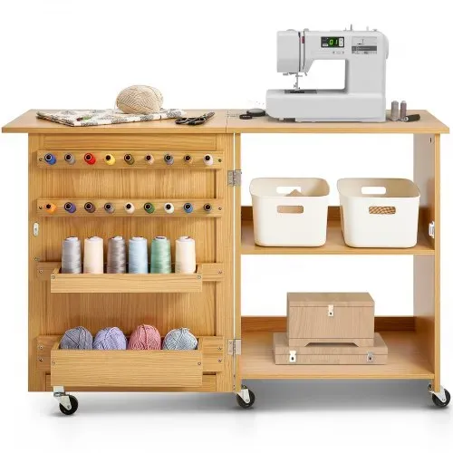 VEVOR klappbarer Nähtisch Mehrzweck Nähmaschinentisch mit Rädern & Regalen & Ablagefächern & Holzstiften & magnetischen Türen, Nähmaschine Holzfarbe faltbar (1170 x 400 x 778 mm) – Bild 8