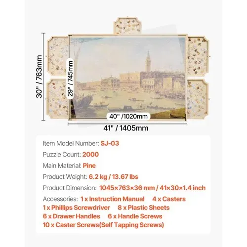 VEVOR 2000-teiliges drehbares Puzzlebrett mit 5 Schubladen & Abdeckung, tragbarer Puzzletisch (1045 x 763 x 36 mm), Puzzle-Zubehör für Erwachsene, Puzzle-Organizer-Aufbewahrungssystem Puzzle Boards – Bild 6