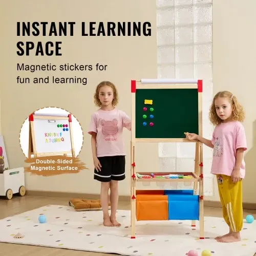 VEVOR Kunststaffelei für Kinder, 3-in-1-Kunststaffelei aus Holz, doppelseitig, mit magnetischem Whiteboard, Kreidetafel, Papierrolle, verstellbarem Zeichenbrett mit Malzubehör, für Kinder ab 3 Jahren – Bild 4