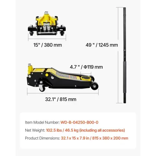 VEVOR Wagenheber mit niedrigem Profil, 4 t Kapazität, Rangierwagenheber aus Stahl mit Doppelkolben-Schnellhubpumpe, hydraulische Wagenheber für sportliche Mehrzweckfahrzeuge, Hubbereich 100-545 mm – Bild 6