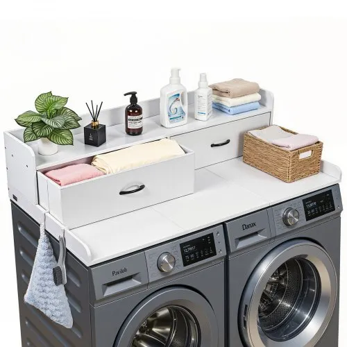 VEVOR Arbeitsplatte für Waschmaschine & Trockner (137 x 69,9 cm) mit Ablage & 2 Schubladen & Haken, für Wäscheschrank Speisekammer Küchentheke, 113 kg Belastbar, Weiß, Ablagefläche für Waschmittel VEVOR Arbeitsplatte für Waschmaschine & Trockner (137 x 69,9 cm) mit Ablage & 2 Schubladen & Haken, für Wäscheschrank Speisekammer Küchentheke, 113 kg Belastbar, Weiß, Ablagefläche für Waschmittel