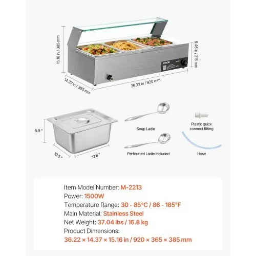 VEVOR kommerzieller Speisenwärmer (3 x 1/2 Größe Behälter), 1,5 kW elektrischer Wärmebehälter aus Edelstahl mit Glasabdeckung & Suppenkelle, Chafing Dishes für Catering Restaurant Party – Bild 6