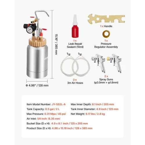 VEVOR Druckbehälter für Sprühfarbe, 2 L Drucktank mit 2 Spritzpistolen (φ1,8 mm + φ3 mm) & 2 Schläuchen (3 m) für Heimgebrauch Heimwerkerarbeiten Kunstkreationen, Farbbehälter Farbspritzgerät – Bild 6
