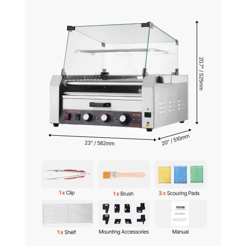 VEVOR Hot Dog Grill Maschine 30 Hot dogs 11 Rollen Edelstahl, 2400 W, Elektrogrill mit Brötchenwärmer & Abdeckung (Glas + PC) & 3 Temperaturregler & seitlicher Aufbewahrungsbox & Ölauffangschale – Bild 6