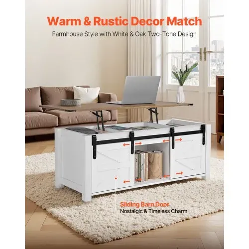 VEVOR Lift Top Couchtisch 120 cm, rustikaler Kaffeetisch mit Scheunentor & verstecktem Staufach, moderne rechteckige Hubtischplatte für Wohnzimmer Büro Zuhause, Wohnzimmertisch Sofatisch weiß VEVOR Lift Top Couchtisch 120 cm, rustikaler Kaffeetisch mit Scheunentor & verstecktem Staufach, moderne rechteckige Hubtischplatte für Wohnzimmer Büro Zuhause, Wohnzimmertisch Sofatisch weiß