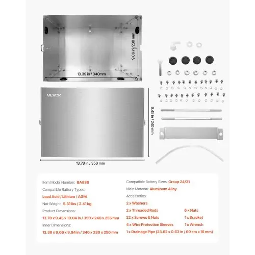 VEVOR Batteriekasten, Gruppe 24/31, Batteriebox für Schiffsbatterien mit Griffen & Kabellöchern mit Gummitülle, Gehäuse aus Aluminiumlegierung, geeignet für Offroad-Rennwagen & LKWs – Bild 6