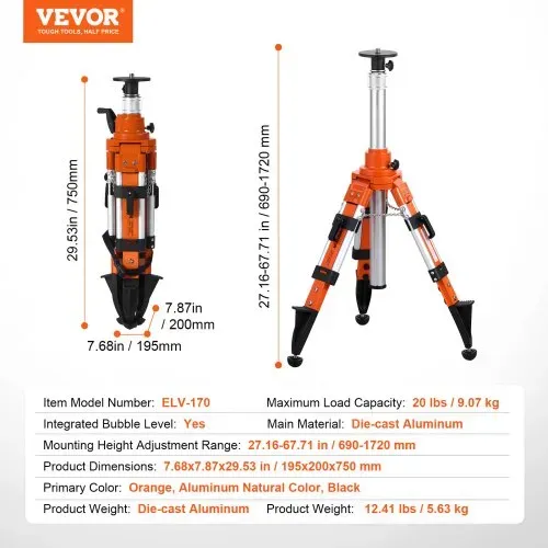 VEVOR Laser-Wasserwaagen-Stativ, 5/8"-11-Gewindehalterung, 27,16-67,71 Zoll Höhenverstellung, robustes Vermessungsstativ, mit Wasserwaage und Diffusionsbegrenzer, anhebbare, rutschfeste Füße für den Bau – Bild 6