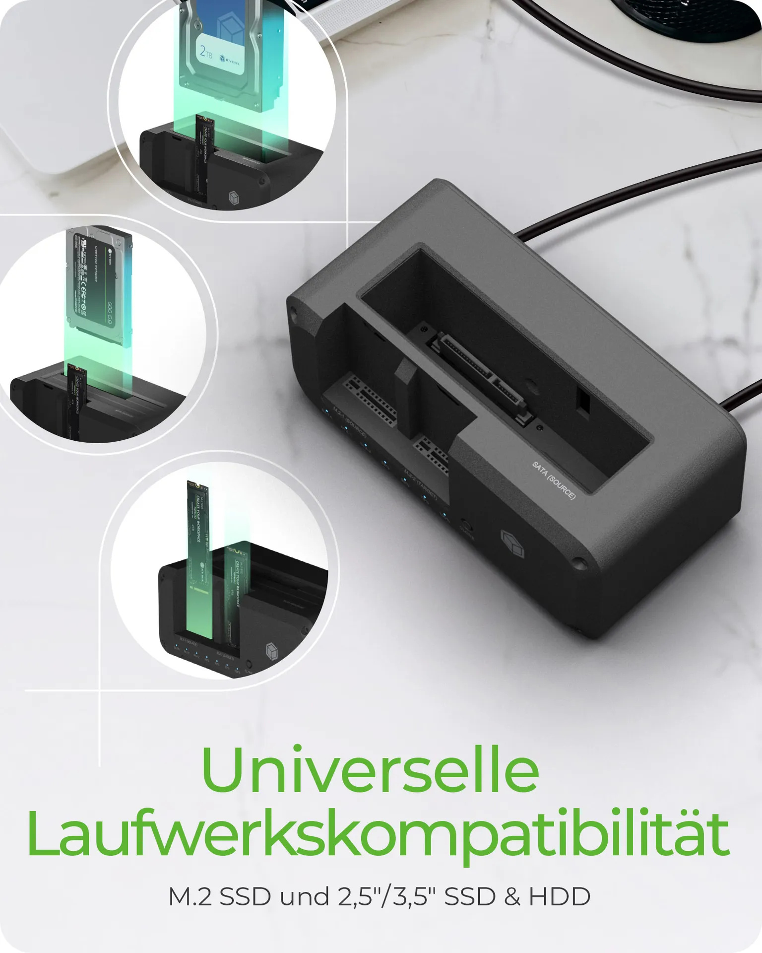 ICY BOX IB-2924MSCL-C31, Docking & CloneStation, klont 1x 2,5"/3,5" zu 1x M.2 NVMe & M.2 NVMe zu M.2 NVMe, erkennt 3x Laufwerke über USB-C®/-A Host 10 Gbit/s – Bild 4