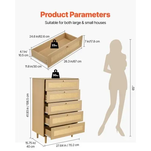 VEVOR Rattankommode Aufbewahrungsschrank mit 5 Schubladen & Metallgriffen & Holzbeinen, moderner Rattanschrank für Schlafzimmer Wohnzimmer Flur (70,2x40x106,5 cm) Kleidungsschrank Schubladenschrank – Bild 2