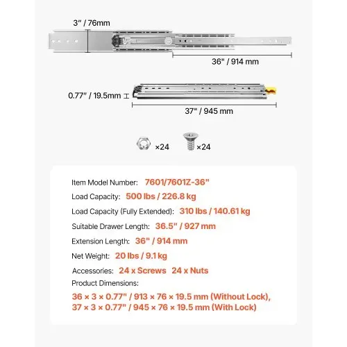 VEVOR 1 Paar Schubladenschienen mit Vollauszug 914 mm, 226 kg Tragkraft, Schubladenführungen, Kugellager mit Sperre, seitlich montierte Teleskopschienen für Regale, Schränke, Industrieschubladen – Bild 6