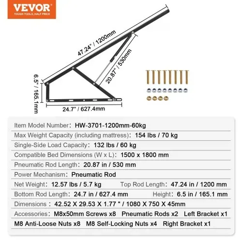 VEVOR Bettlift, 59 x 71 Zoll, kompatible Bettgröße, 154 lbs Tragkraft, DIY-Schrankbett-Mechanik-Hardware-Kit vertikal Deluxe, pneumatischer Hebel, Hochleistungs-Bettstütze, Klappschrankbett für Gästezimmer – Bild 6