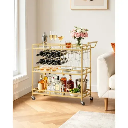 VEVOR Barwagen mit 3 Ebenen, Servierwagen mit Glashalter, Weinablage & Griff, Getränkewagen als Rollwagen für Wohnzimmer, Esszimmer und Küche, Küchenwagen in Goldfarben 880 x 380 x 890 mm – Bild 6