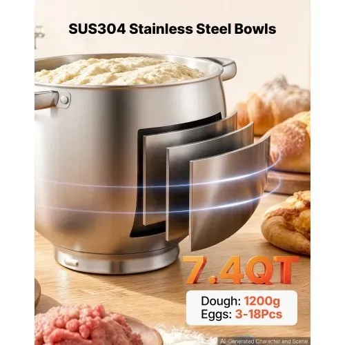VEVOR Multifunktionale Küchenmaschine mit Kippkopf 7 L 2 in 1 1000 W Rot, Rührmaschine für Teig Sahne Rührteig und Fleisch, Knetmaschine mit Rührschüssel Knethaken Rührbesen und Schneebesen – Bild 2