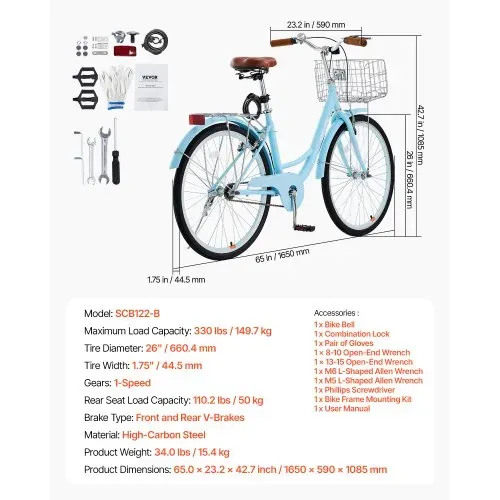 VEVOR Cruiser Fahrrad (Reifendurchmesser 660,4 mm) Beach Fahrrad mit großem Korb & Gepäckträger, Cruiser-Fahrrad mit verstellbarem Sitz, für Radfahren & Trainieren & Einkaufen Hellblau – Bild 6