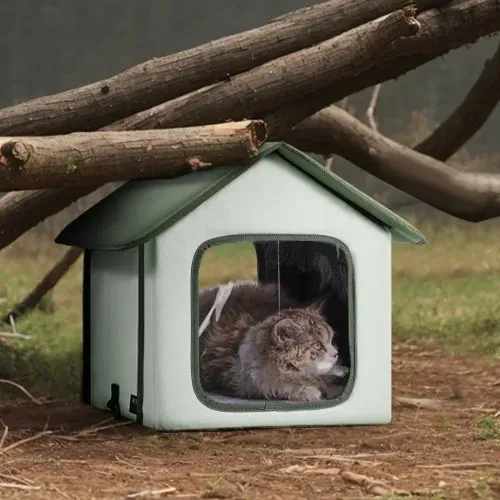 VEVOR Erhöhtes beheiztes Katzenhaus, Katzenunterschlupf für draußen mit einstellbarer Temperatur und Timer, faltbarer Katzenunterschlupf aus 600D Oxford-Gewebe mit beheiztem Kissen für den Winter, um es warm und gemütlich zu haben, grün (klein) – Bild 7