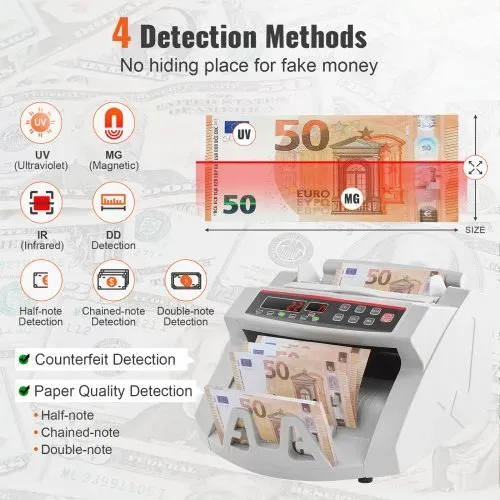VEVOR FJ0288 Geldzählmaschine Weiß mit Echtheitprüfung, Banknotenzähler 1000 Stück/min mit UV- und MG-Systemen, 7 kg mit LED-Bildschirm für Euro, Dollar, Pfund (26 x 23,5 x 17 cm) – Bild 2