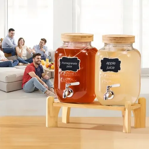 VEVOR Getränkespender (2 x 3,8 L) für Partys Saftspender (aus Glas) mit tropfsicherem Zapfhahn & Holzständer Wasserspender für Restaurants Partys, Limonade Eistee selbstgemachte Getränke Spender – Bild 7