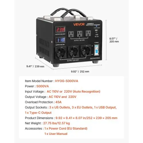 VEVOR Spannungswandler-Transformator, 5000 VA, Hochleistungs-Aufwärts-/Abwärtstransformator, 110 V auf 220 V & 220 V auf 110 V, mit 3 US-Steckdosen, 3 EU-Steckdosen, LCD-Display, Schutzschalter – Bild 6
