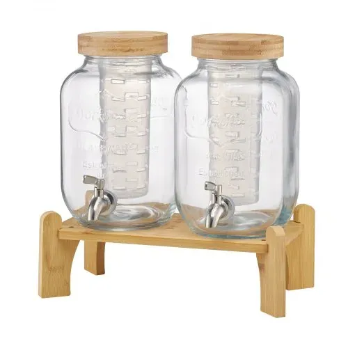 VEVOR Getränkespender (2 x 3,8 L) für Partys Saftspender (aus Glas) mit tropfsicherem Zapfhahn & Holzständer Wasserspender für Restaurants Partys, Limonade Eistee selbstgemachte Getränke Spender – Bild 9