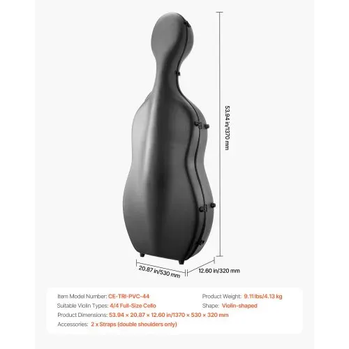 VEVOR 4/4-Cellokoffer in voller Größe, Verbundkohlenstofffaser, tragbare Reisetragetasche, mit Weichfutter, zwei Schultergurten, kratzfest, professionelle Celloform, für Cello, schwarz – Bild 6
