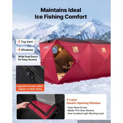 VEVOR Eisangelzelt Eisfischerzelt für 6-8 Personen 3,6x1,8x2m Eisschutzzelt, Angelzelt für Winterfischen, 6,27 m² Fläche, 300D Oxford-Gewebe, Hub-Style-Zelt mit Ankern, Seile, Tragetasche, Rot/Schwarz – Bild 5