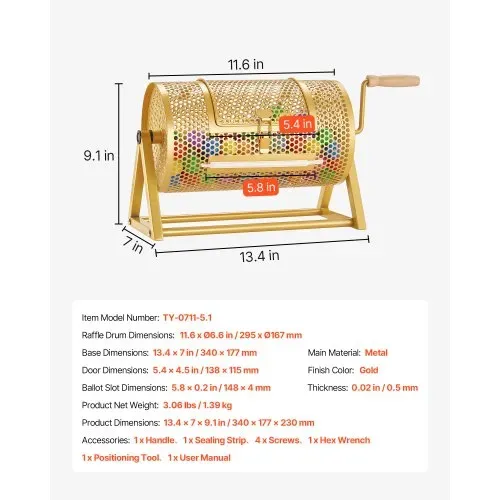 VEVOR Tombola Trommel, 295xØ167mm, Lostrommel mit Fassungsvermögen von 2500 Lose oder 100 Lotteriebälle, Gewinnspieltrommel mit Kurbel & Dreiecksständer, für Veranstaltungen & Feiern, Gold – Bild 6