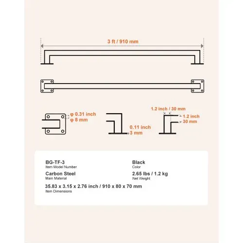 VEVOR Treppenhandlauf, 91 cm schwarzer Wandhandlauf aus Eisen für den Innenbereich, Treppengeländer 113 kg Tragkraft, Industrieller Geländerhandlauf für Stufen, Vierkantrohr für Loft-Veranda-Deck – Bild 6