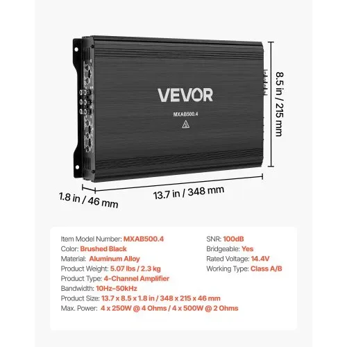 VEVOR Autoverstärker 4-Kanal, Endstufe Klasse AB Überbrückbar, Max. 4 x 250 W an 4 Ohm / 4 x 500 W an 2 Ohm, Hochleistungsverstärker für SUVs Pickups Geländewagen Mehrkanal-Audioverstärker – Bild 6
