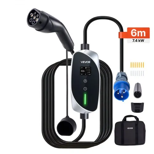 VEVOR Mobile Wallbox, 7,4 kW, 32 A, Typ 2 Ladestation, Tragbares Einphasig-Ladegerät mit 6 m Ladekabel, CEE-Stecker, LCD-Bildschirm, IP66-Steuereinheit, Stromversorgung für Elektrofahrzeuge VEVOR Mobile Wallbox, 7,4 kW, 32 A, Typ 2 Ladestation, Tragbares Einphasig-Ladegerät mit 6 m Ladekabel, CEE-Stecker, LCD-Bildschirm, IP66-Steuereinheit, Stromversorgung für Elektrofahrzeuge