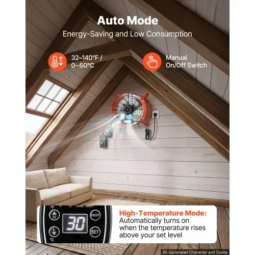 VEVOR Giebellüfter 40,6cm Dachbodenlüfter mit 4995,1m³/h Luftstrom Orange, Kühlung & Luftzirkulation für Dachboden Werkstatt & Lager, Kohlenstoffstahlgehäuse, mit Thermostat Netzkabel & Steuerkabel – Bild 2